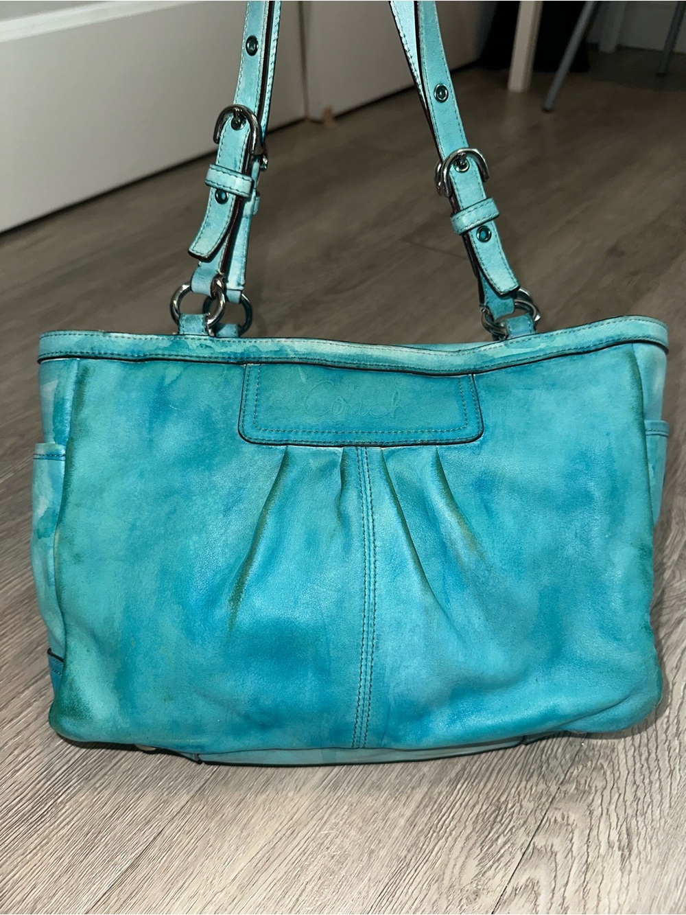 Coach Ashley Turquoise Distressed Leather Pleated Tote Shoulder Bag Purse